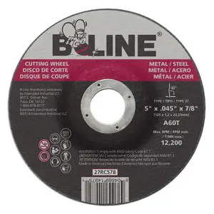 B-LINE ABRASIVES 27RC578 Depressed Ctr Cutting Wheel, 5 in dia, 0.045 in Thick, 7/8 in Arbor, 60 Grit Black - pack of 25