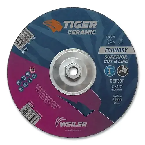 Tiger  Grinding Wheel, Combo, 9 in dia x 1/8 in Thick x 5/8 in-11 Arbor, 30 Grit, Ceramic Alumina, Type 27, 10 EA/BX Brown - pack of 10