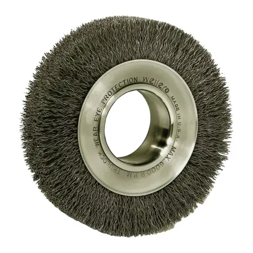 Wide-Face Crimped Wire Wheel, 6 in Dia. x 1 1/4 in W, 0.006 in Steel, 6,000 rpm - pack of 50 Wide-Face Crimped Wire Wheel, 6 in Dia. x 1 1/4 in W, 0.006 in Steel, 6,000 rpm - pack of 50