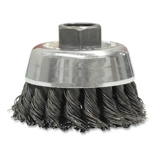 Single Row Heavy-Duty Knot Wire Cup Brush, 2-3/4 in dia, 5/8 in -11 arbor, 0.014 in wire Single Row Heavy-Duty Knot Wire Cup Brush, 2-3/4 in dia, 5/8 in -11 arbor, 0.014 in wire