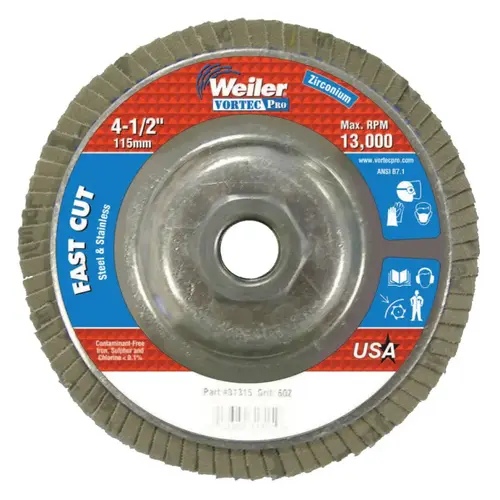 Vortec Pro Abrasive Flap Disc, 4-1/2 in dia, 60 Grit, 5/8 in-11, 13000 rpm, Type 29 Vortec Pro Abrasive Flap Disc, 4-1/2 in dia, 60 Grit, 5/8 in-11, 13000 rpm, Type 29