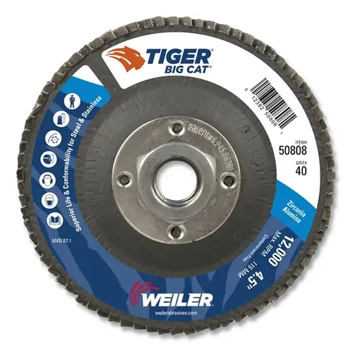 Tiger  Big Cat  High Density Flap Disc, 4-1/2 in dia, 40 Grit, 5/8 in-11, 12000 RPM, Type 27 Blue