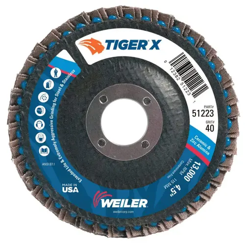 Tiger X Flap Disc, 4-1/2 in dia, 40 Grit, 7/8 in Arbor, 13000 rpm, Type 27 Dark Gray - pack of 10 Tiger X Flap Disc, 4-1/2 in dia, 40 Grit, 7/8 in Arbor, 13000 rpm, Type 27 Dark Gray - pack of 10