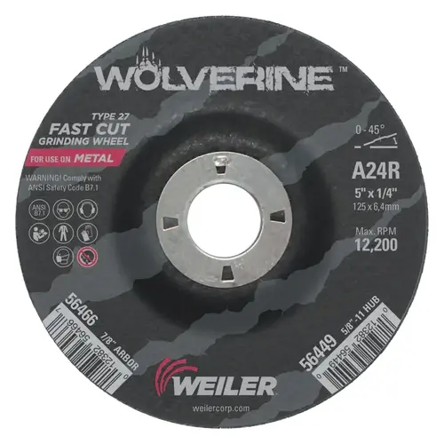 Wolverine Grinding Wheel, 5 in dia x 7/8 in Arbor x 1/4 in Thick, AO, 24R Black Wolverine Grinding Wheel, 5 in dia x 7/8 in Arbor x 1/4 in Thick, AO, 24R Black