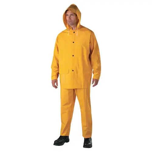 3-Pc Rainsuit, Jacket/Hood/Overalls, 0.35 mm, PVC Over Polyester, Yellow, 4X-Large 3-Pc Rainsuit, Jacket/Hood/Overalls, 0.35 mm, PVC Over Polyester, Yellow, 4X-Large