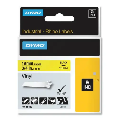 Industrial Rhino Vinyl Label Cartridge, 3/4 in W x 18 ft L, Black Print on Yellow Background - pack of 25 Industrial Rhino Vinyl Label Cartridge, 3/4 in W x 18 ft L, Black Print on Yellow Background - pack of 25