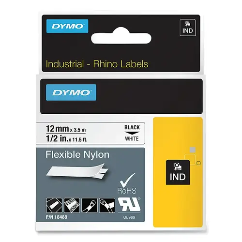 Industrial Rhino Flexible Nylon Label Cartridge, 1/2 in W x 11.5 ft L, Black Print on White Background - pack of 5 Industrial Rhino Flexible Nylon Label Cartridge, 1/2 in W x 11.5 ft L, Black Print on White Background - pack of 5