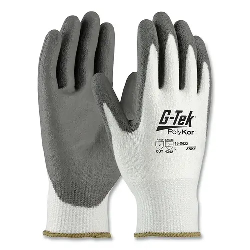 PolyKor Seamless Knit Coated Gloves, Polyurethane Smooth Grip, Large, White/Gray