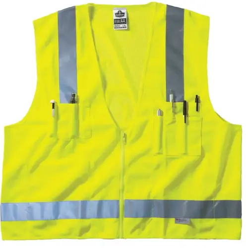 GloWear Safety Vest, 8250Z, Surveyors, Class 2, Type R, 7 Pockets, Reflective Tape, 2 Radio Mic Tabs, Zipper, L/X-L, Lime - pack of 6 GloWear Safety Vest, 8250Z, Surveyors, Class 2, Type R, 7 Pockets, Reflective Tape, 2 Radio Mic Tabs, Zipper, L/X-L, Lime - pack of 6