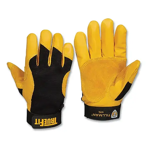 TrueFit  Leather-Palm Gloves, 1475, Top Grain Cowhide/Rough Side Out Cowhide Palm/Spandex BOH, Sm, Black/Gold