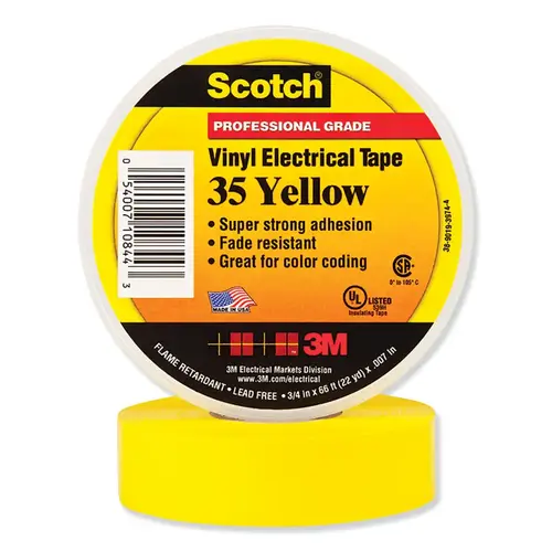 Vinyl Electrical Color Coding Tape, 35, 1/2 in W x 20 ft L, Yellow