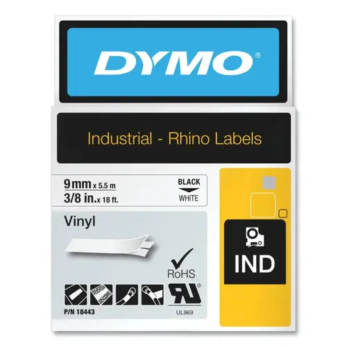 Industrial Rhino Vinyl Label Cartridge, 3/8 in W x 18 ft L, Black Print on White Background - pack of 5 Industrial Rhino Vinyl Label Cartridge, 3/8 in W x 18 ft L, Black Print on White Background - pack of 5