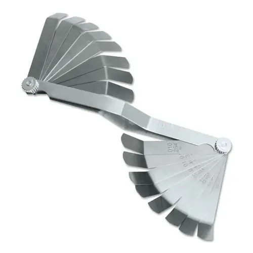 16 Blade Overhead Valve Feeler Gauge Set, 0.009 in to 0.027 in Thickness, Inch/Metric, 1/2 in x 9 in 16 Blade Overhead Valve Feeler Gauge Set, 0.009 in to 0.027 in Thickness, Inch/Metric, 1/2 in x 9 in
