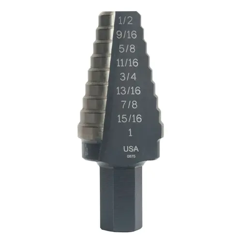 Step Drill Bit: 7/16" Shank Dia, Cobalt, 8 Hole Sizes Bright/Uncoated