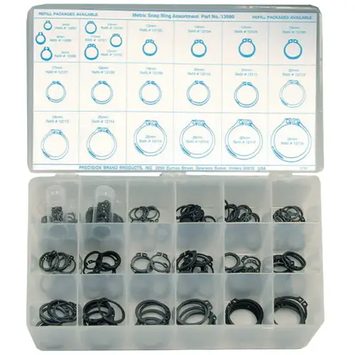 Metric Snap Ring Assortments, Spring Steel, 295 per set Metric Snap Ring Assortments, Spring Steel, 295 per set