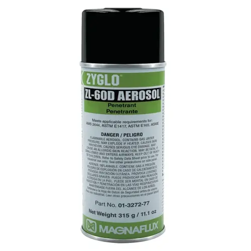 Zyglo ZL-60D Water Washable Fluorescent Penetrants, Liquid, Aerosol Can, 16 oz Green-Yellow - pack of 12 Zyglo ZL-60D Water Washable Fluorescent Penetrants, Liquid, Aerosol Can, 16 oz Green-Yellow - pack of 12