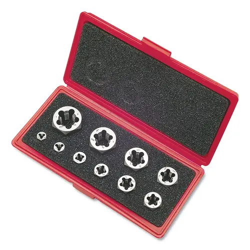 377 Series Hexagon Rethreading Die Set, 10 PC, 1/4-1 NC, Right Hand Cut, Carbon Steel 377 Series Hexagon Rethreading Die Set, 10 PC, 1/4-1 NC, Right Hand Cut, Carbon Steel