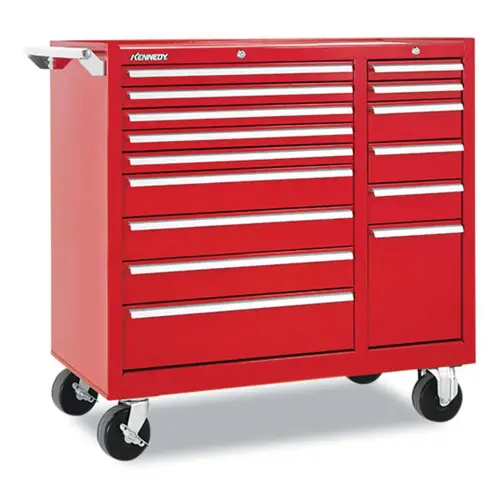 Mintenance Cart, 39-3/8 in W x 18 in D x 39 in H, 15 Drawers, Red
