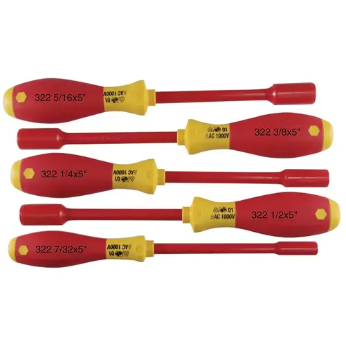 Nut Driver Set: 5 Pc, 7/32 to 1/2", Solid Shaft, Ergonomic Handle Nut Driver Set: 5 Pc, 7/32 to 1/2", Solid Shaft, Ergonomic Handle