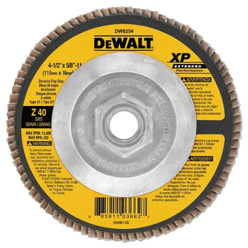 XP Extended Performance Flap Disc, 4-1/2 in dia, 40 Grit, 5/8 in-11 Arbor, 13300 RPM, T27 XP Extended Performance Flap Disc, 4-1/2 in dia, 40 Grit, 5/8 in-11 Arbor, 13300 RPM, T27