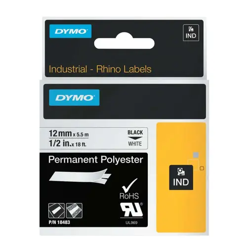 Industrial Rhino Permanent Polyester Label Cartridge, 1/2 in W x 18 ft L, Black Print on White Background - pack of 25 Industrial Rhino Permanent Polyester Label Cartridge, 1/2 in W x 18 ft L, Black Print on White Background - pack of 25