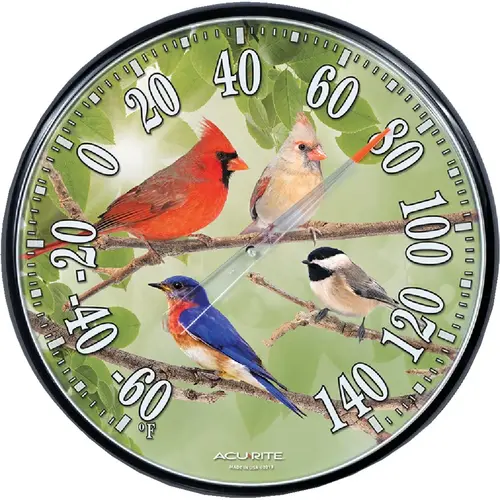 12" Dia Plastic Dial Songbird Indoor & Outdoor Thermometer Black Trim 12" Dia Plastic Dial Songbird Indoor & Outdoor Thermometer Black Trim