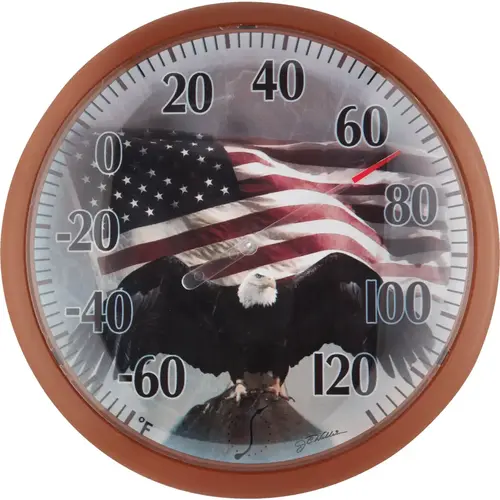 SpringField 13-1/4" Dia Plastic Dial Flag Indoor & Outdoor Thermometer Brown Trim SpringField 13-1/4" Dia Plastic Dial Flag Indoor & Outdoor Thermometer Brown Trim
