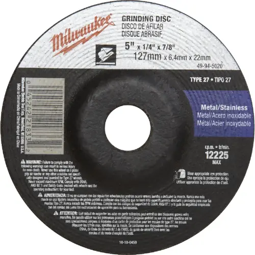 Type 27 5 In. x 1/4 In. x 7/8 In. Metal/Stainless Grinding Cut-Off Wheel Type 27 5 In. x 1/4 In. x 7/8 In. Metal/Stainless Grinding Cut-Off Wheel