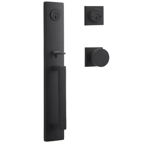 Double Cylinder Santa Cruz Handleset Contemporary Knob and Contemporary Square Rose with 6AL Latch and Dual Strike Satin Black Finish Double Cylinder Santa Cruz Handleset Contemporary Knob and Contemporary Square Rose with 6AL Latch and Dual Strike Satin Black Finish