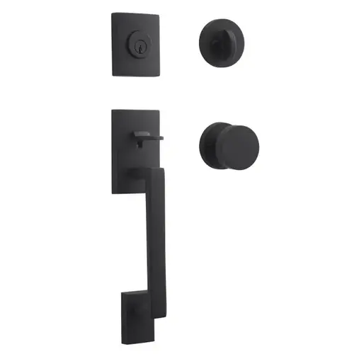 Single Cylinder La Jolla Handleset Contemporary Knob Contemporary Round Rose with 6AL Latch and Dual Strike Satin Black Finish Single Cylinder La Jolla Handleset Contemporary Knob Contemporary Round Rose with 6AL Latch and Dual Strike Satin Black Finish