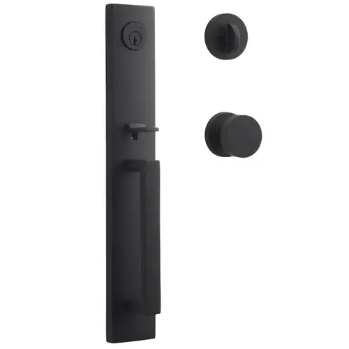 Single Cylinder Santa Cruz Handleset Contemporary Knob and Contemporary Round Rose with 6AL Latch and Dual Strike Satin Black Finish Single Cylinder Santa Cruz Handleset Contemporary Knob and Contemporary Round Rose with 6AL Latch and Dual Strike Satin Black Finish