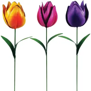 ALPINE QEL828A-XCP24 21 In. Metal Realistic Tulip Garden Stake Lawn Ornament - pack of 24