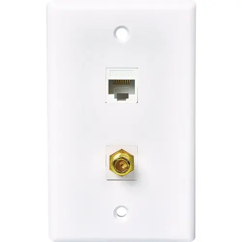 White Flush Mount Plastic CAT 5E/6 Data & Coax Wall Jack White Flush Mount Plastic CAT 5E/6 Data & Coax Wall Jack