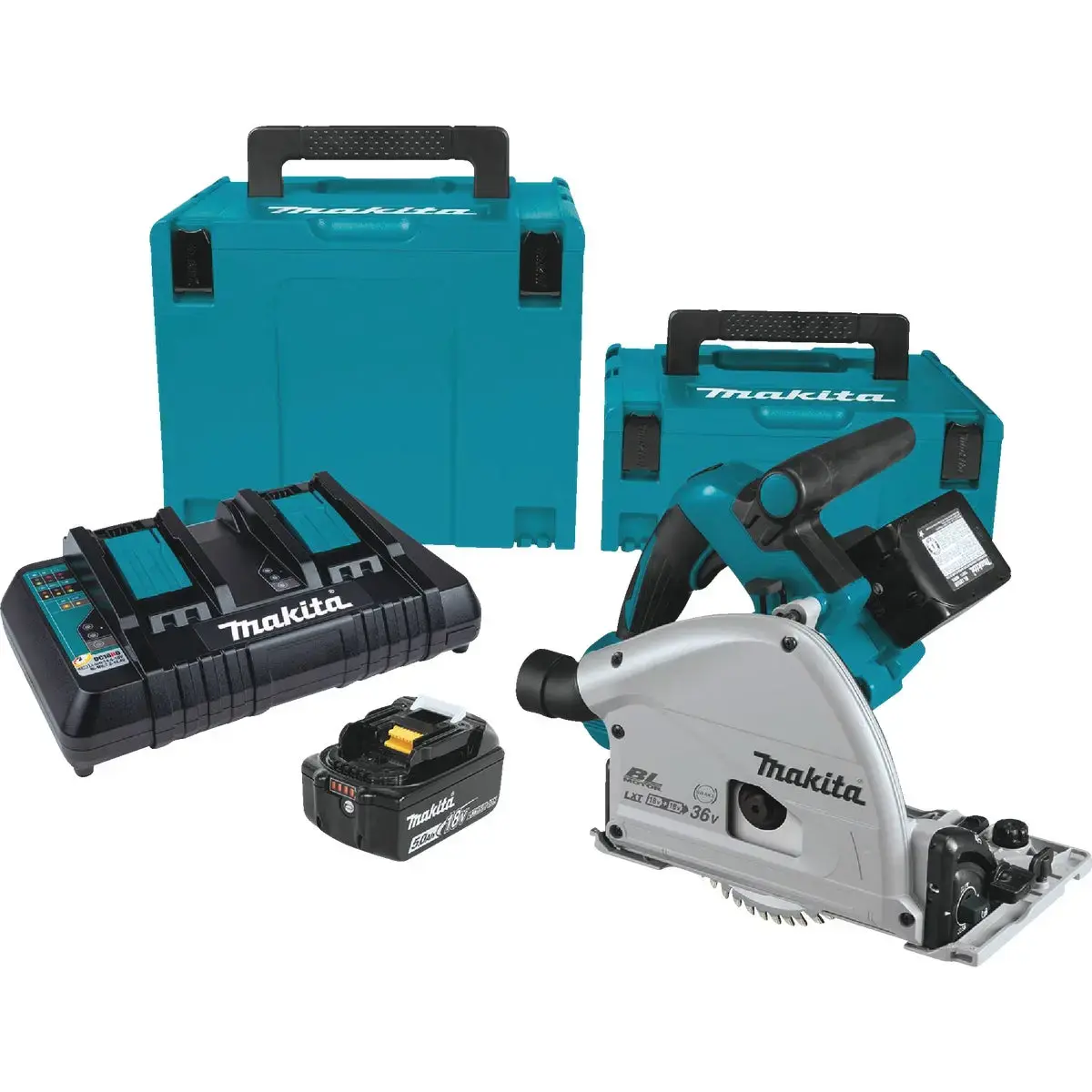 Makita 18V X2 LXT Brushless 6-1/2 In. Cordless Plunge Track Saw Kit with (2) 5.0 Ah Batteries & Dual Port Rapid Charger XPS01PTJ Makita 18V X2 LXT Brushless 6-1/2 In. Cordless Plunge Track Saw Kit with (2) 5.0 Ah Batteries & Dual Port Rapid Charger XPS01PTJ