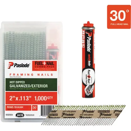2 In. x 0.113 In. 30 Degree Paper Tape Hot Dipped Galvanized Plus Ring Shank RounDrive Framing Nails with (1) Framing Fuel Cell (1000 Ct.) 2 In. x 0.113 In. 30 Degree Paper Tape Hot Dipped Galvanized Plus Ring Shank RounDrive Framing Nails with (1) Framing Fuel Cell (1000 Ct.)