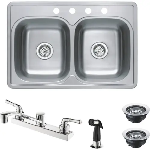 Compass Manufacturing Double Bowl 33 In. x 22 In. x 6 In. Sink Kit with 2-Handle Faucet Stainless Compass Manufacturing Double Bowl 33 In. x 22 In. x 6 In. Sink Kit with 2-Handle Faucet Stainless