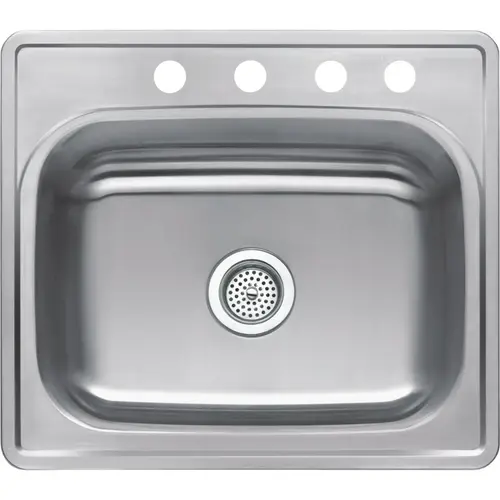 Compass Manufacturing Single Bowl 25 In. x 22 In. x 6 In. Stainless Steel 4-Hole 23 Ga. Top Mount Kitchen Sink Compass Manufacturing Single Bowl 25 In. x 22 In. x 6 In. Stainless Steel 4-Hole 23 Ga. Top Mount Kitchen Sink