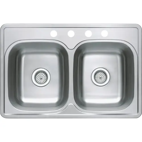 Compass Manufacturing 33 In. x 22 In. x 8 In. Double Bowl Top Mount 22 Ga. Kitchen Sink Stainless