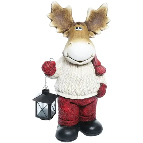 10 In. H. Holiday Moose in White Sweater with Lantern