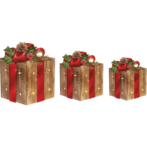 Warm White LED Rustic Wood with Red Ribbon Christmas Gift Box Set (3-Piece) Warm White LED Rustic Wood with Red Ribbon Christmas Gift Box Set (3-Piece)