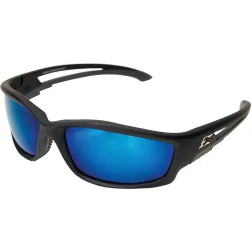 Kazbek Rubberized Matte Black Frame Safety Glasses with Aqua Precision Blue Mirror Lenses