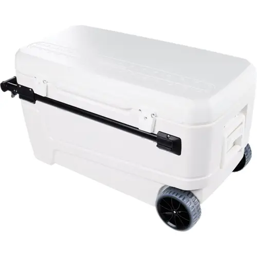 Portable Coolers; Portable Cooler Type: Ice Chest with Wheels ; Body Color: White ; Volume Capacity: 110 qt ; Material: Poly ; Depth (Inch): 23-1/4 ; Special Item Information: Telescoping Handle Portable Coolers; Portable Cooler Type: Ice Chest with Wheels ; Body Color: White ; Volume Capacity: 110 qt ; Material: Poly ; Depth (Inch): 23-1/4 ; Special Item Information: Telescoping Handle