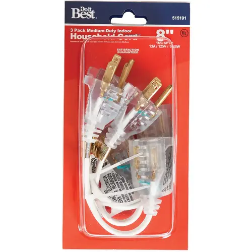 8 In. 16/3 Short Extension Cord Set White - pack of 3 8 In. 16/3 Short Extension Cord Set White - pack of 3