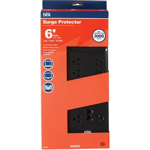 10-Outlet 3000J Black Surge Protector Strip with Phone Line Protection & 6 Ft. Cord 10-Outlet 3000J Black Surge Protector Strip with Phone Line Protection & 6 Ft. Cord