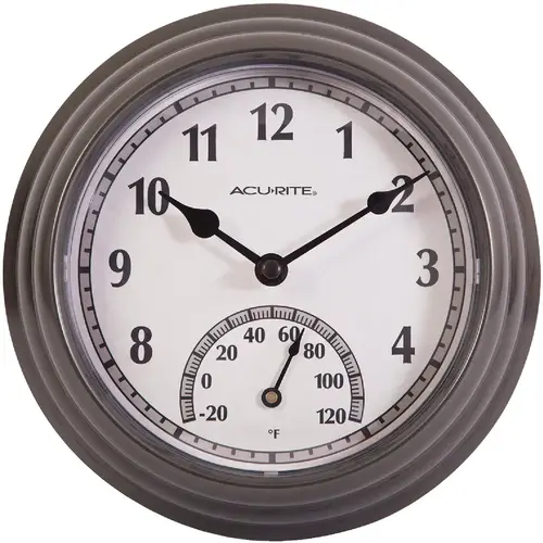 8.5 In. Dark Silver Gray Wall Clock/Thermometer Frame: Gray/Face: White 8.5 In. Dark Silver Gray Wall Clock/Thermometer Frame: Gray/Face: White
