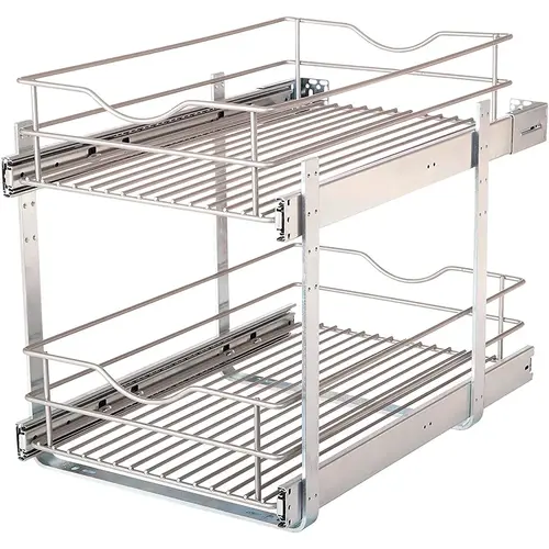 Real Solutions 14 In. Double Tier Slide Out Multi-Use Basket Cabinet Organizer Silver