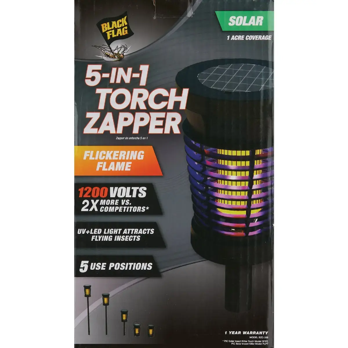 BLACK FLAG BZC-400 5-In-1 1200V Solar Torch Bug Zapper Buy Now