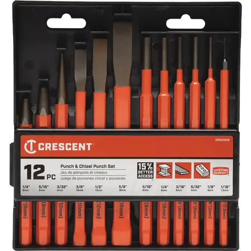 Chisel Sets; Tool Type: Cold Chisel Set; Body Material: Steel; Number of Pieces: 12.000; Includes: 6 Pin Punches: 1/16 in 1/8 in 5/32 in 3/16 in 1/4 in 5/16 in 3 Center Punches: 3/32 in 1/4 in 5/16 in 3 Cold Chisels: 3/8 in 1/2 in 5/8 in; Number Of Chisel Sets; Tool Type: Cold Chisel Set; Body Material: Steel; Number of Pieces: 12.000; Includes: 6 Pin Punches: 1/16 in 1/8 in 5/32 in 3/16 in 1/4 in 5/16 in 3 Center Punches: 3/32 in 1/4 in 5/16 in 3 Cold Chisels: 3/8 in 1/2 in 5/8 in; Number Of