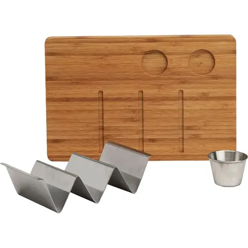 Ecolution Kitchen Extras Bamboo Wood Taco Board With Taco Holder & 2 Cups Brown