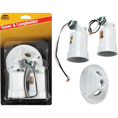 150W Aluminum Round Double White Weatherproof Outdoor Lampholder with Cover, Carded